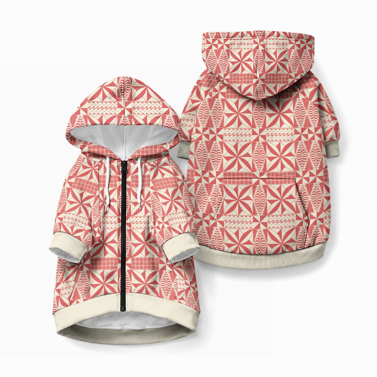 Red Ngatu Pattern Malo e Lelei Tonga Pet Hoodie LT14 Zip-up Red - Polynesian Pride