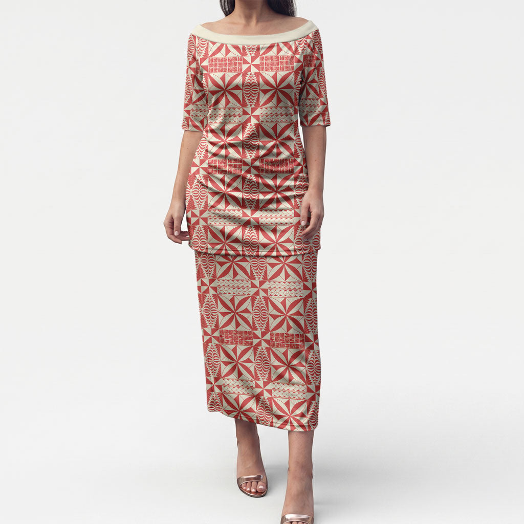 Red Ngatu Pattern Malo e Lelei Tonga Puletasi LT14 Long Dress Red - Polynesian Pride