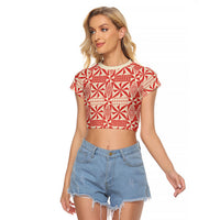 Red Ngatu Pattern Malo e Lelei Tonga Raglan Cropped T Shirt LT14 Female Red - Polynesian Pride