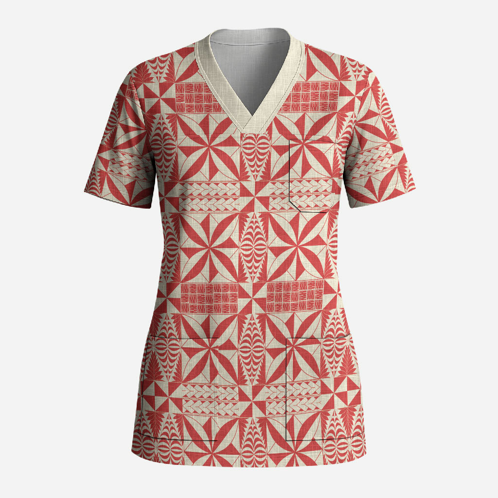 Red Ngatu Pattern Malo e Lelei Tonga Scrub Top LT14 Adult Red - Polynesian Pride