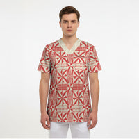 Red Ngatu Pattern Malo e Lelei Tonga Scrub Top LT14 - Polynesian Pride