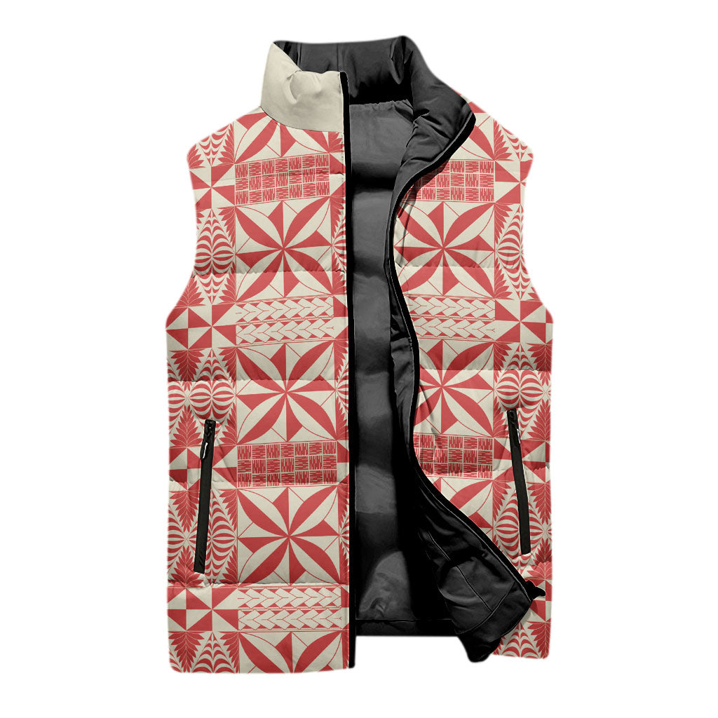 Red Ngatu Pattern Malo e Lelei Tonga Sleeveless Puffer Jacket LT14 - Polynesian Pride
