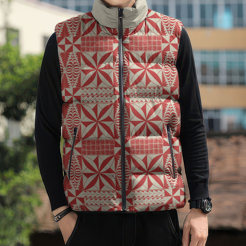 Red Ngatu Pattern Malo e Lelei Tonga Sleeveless Puffer Jacket LT14 - Polynesian Pride
