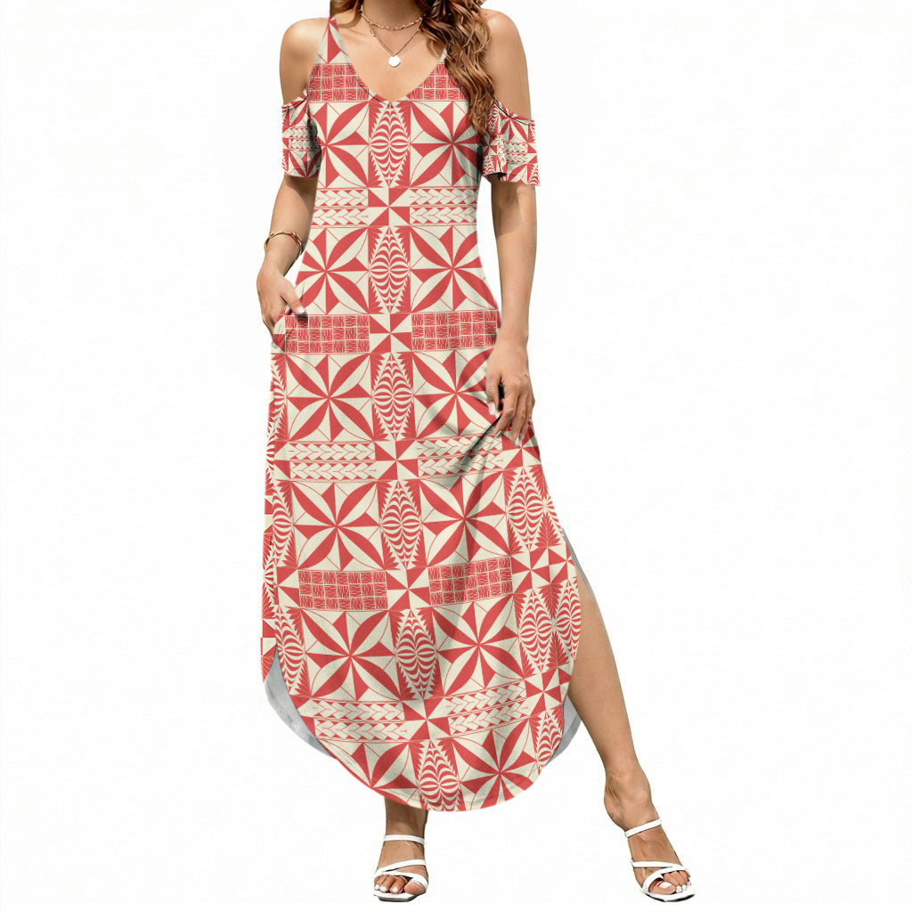 Red Ngatu Pattern Malo e Lelei Tonga Summer Maxi Dress LT14 Women Red - Polynesian Pride