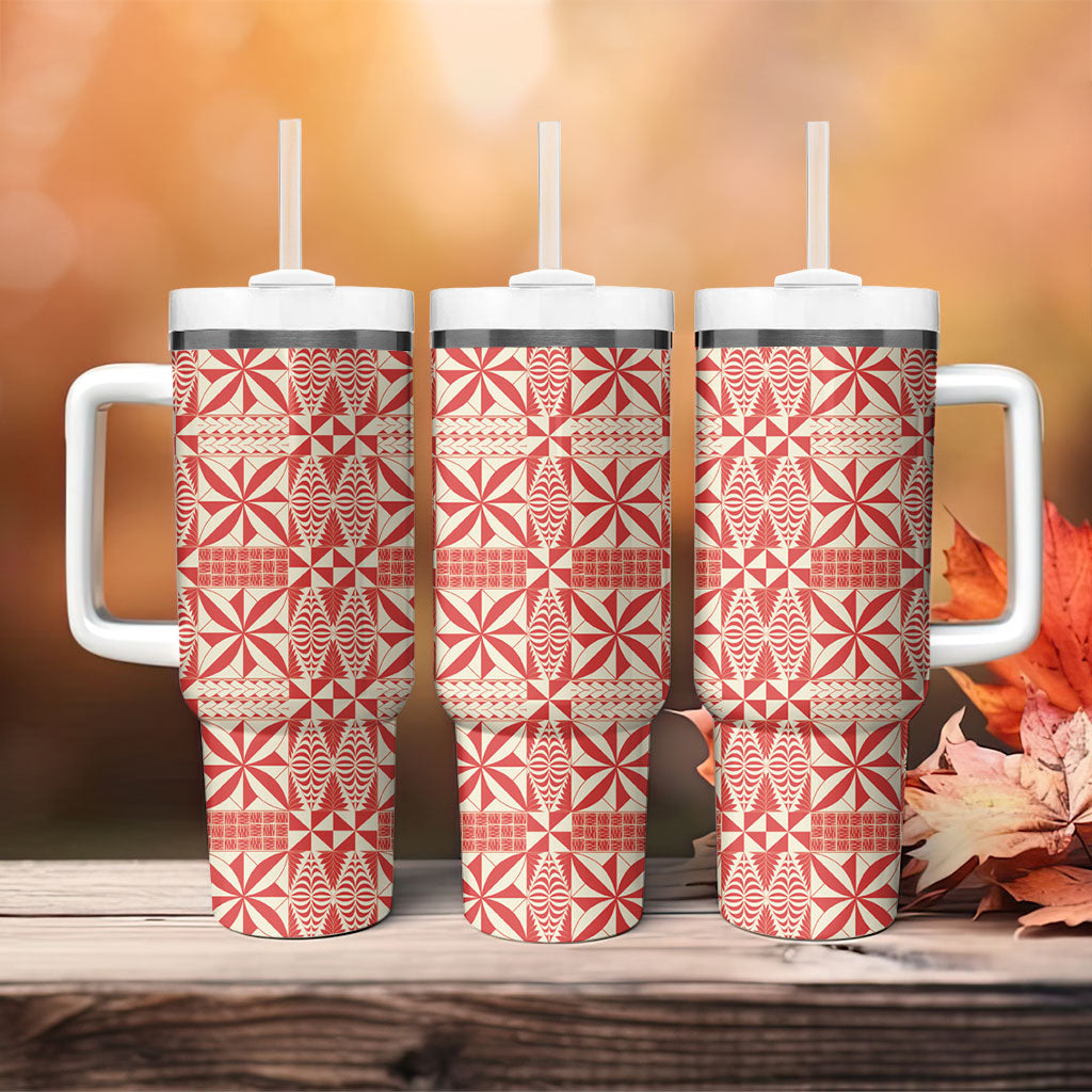 Red Ngatu Pattern Malo e Lelei Tonga Tumbler With Handle LT14 - Polynesian Pride