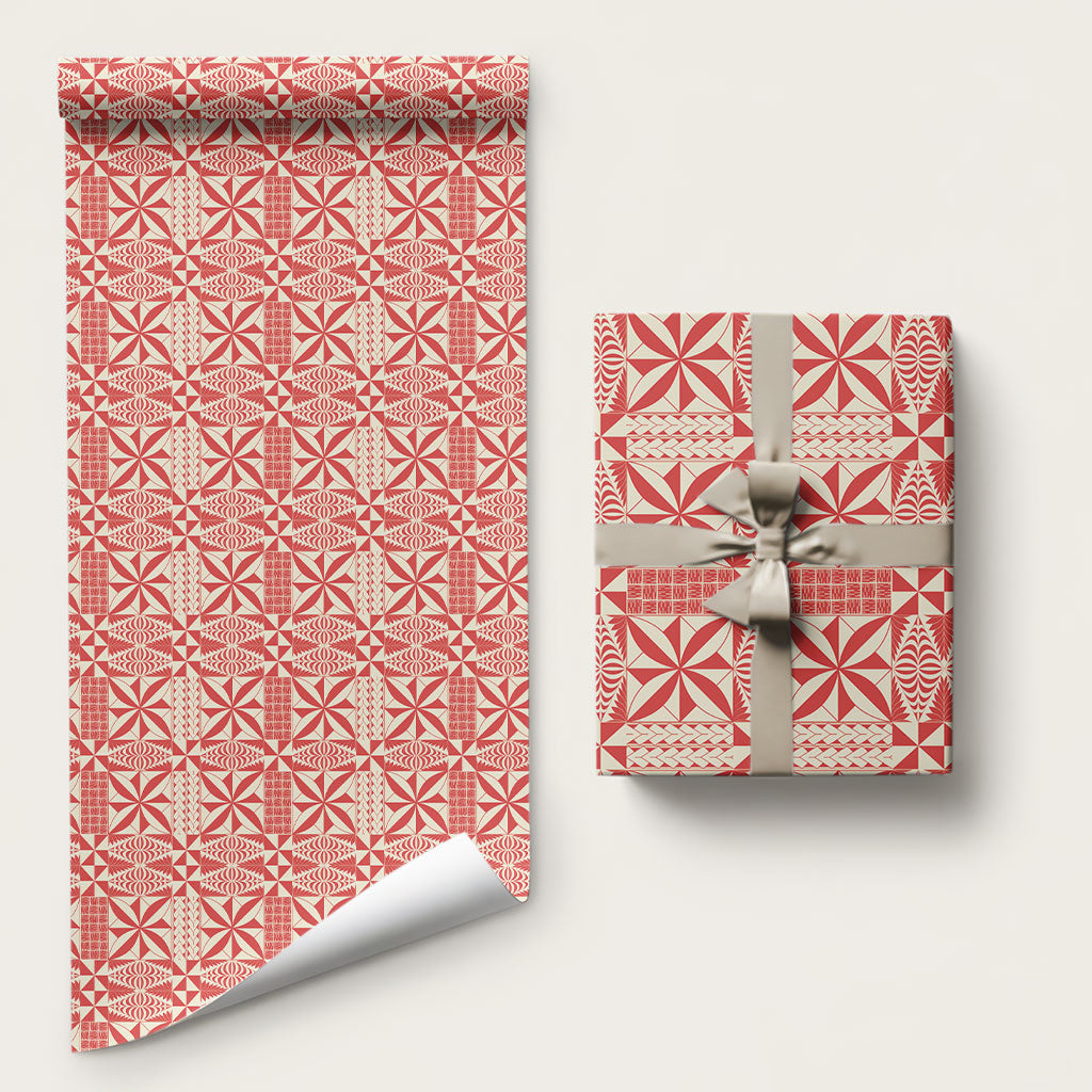 Red Ngatu Pattern Malo e Lelei Tonga Wrapping Paper LT14 58" × 23" Red - Polynesian Pride