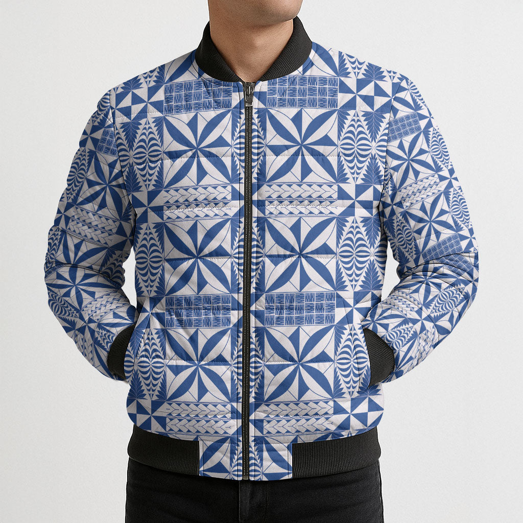 Blue Ngatu Pattern Malo e Lelei Tonga Bomber Puffer Jacket LT14 - Polynesian Pride