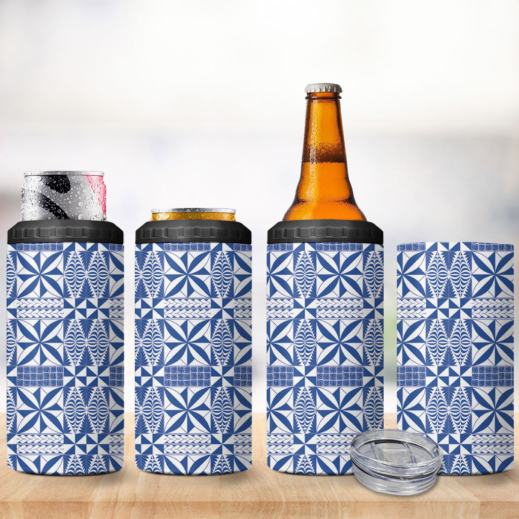 Blue Ngatu Pattern Malo e Lelei Tonga 4 in 1 Can Cooler Tumbler LT14 - Polynesian Pride