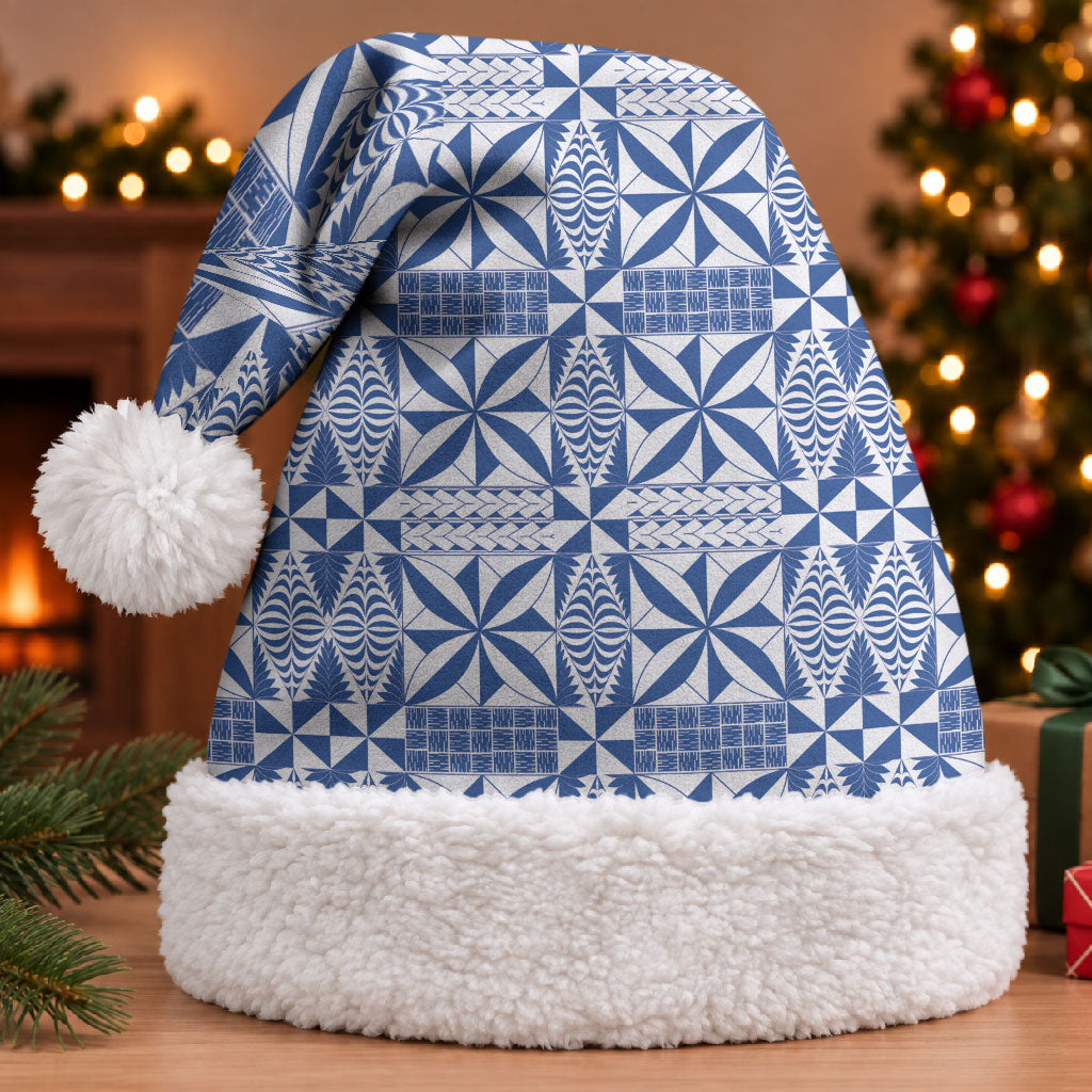 Blue Ngatu Pattern Malo e Lelei Tonga Christmas Santa Hat LT14 With Fur Blue - Polynesian Pride