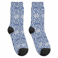 Blue Ngatu Pattern Malo e Lelei Tonga Crew Socks LT14 - Polynesian Pride