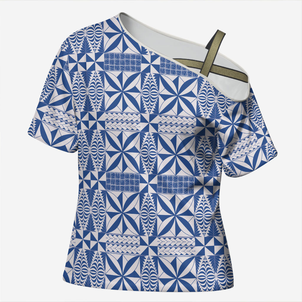 Blue Ngatu Pattern Malo e Lelei Tonga Cross Shoulder Shirt