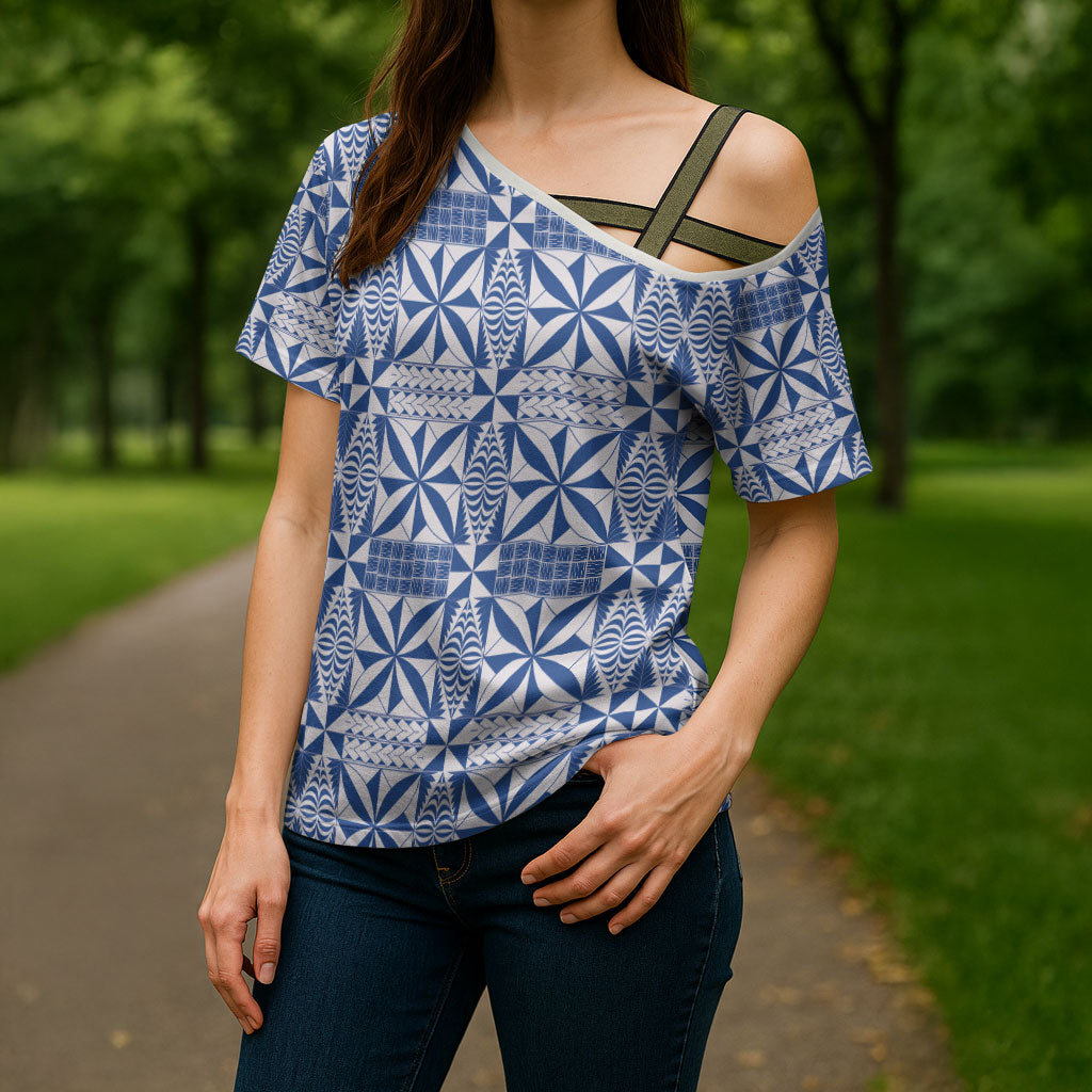 Blue Ngatu Pattern Malo e Lelei Tonga Cross Shoulder Shirt LT14 - Polynesian Pride