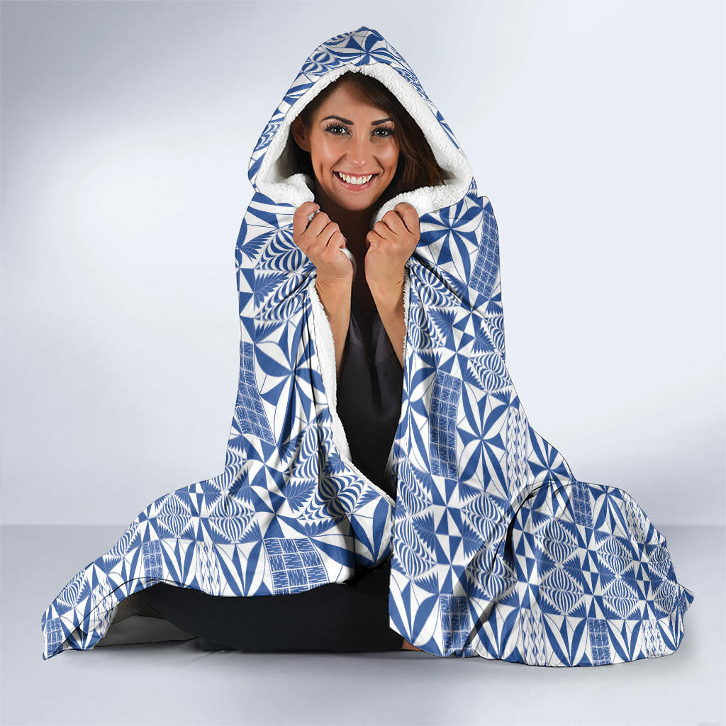 Blue Ngatu Pattern Malo e Lelei Tonga Hooded Blanket LT14 - Polynesian Pride