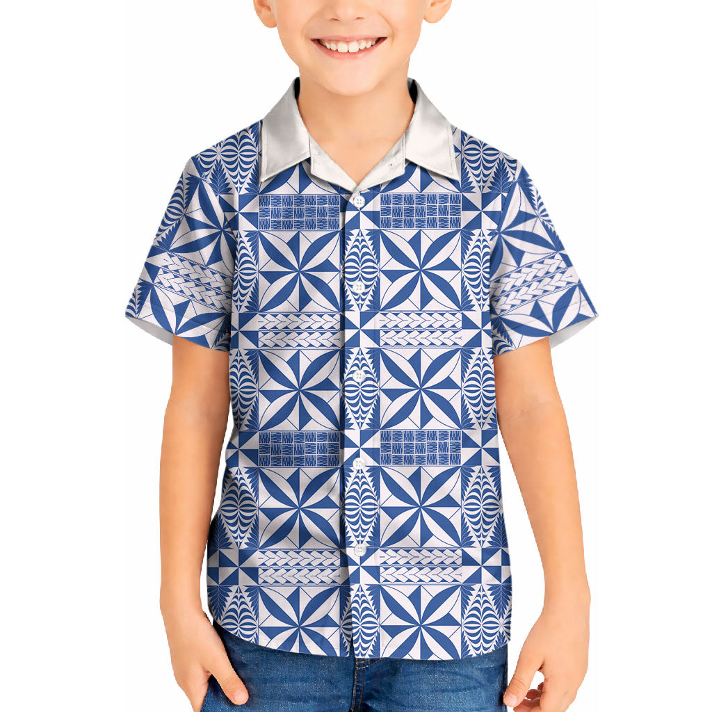 Blue Ngatu Pattern Malo e Lelei Tonga Kid Hawaiian Shirt LT14 Kid Blue - Polynesian Pride