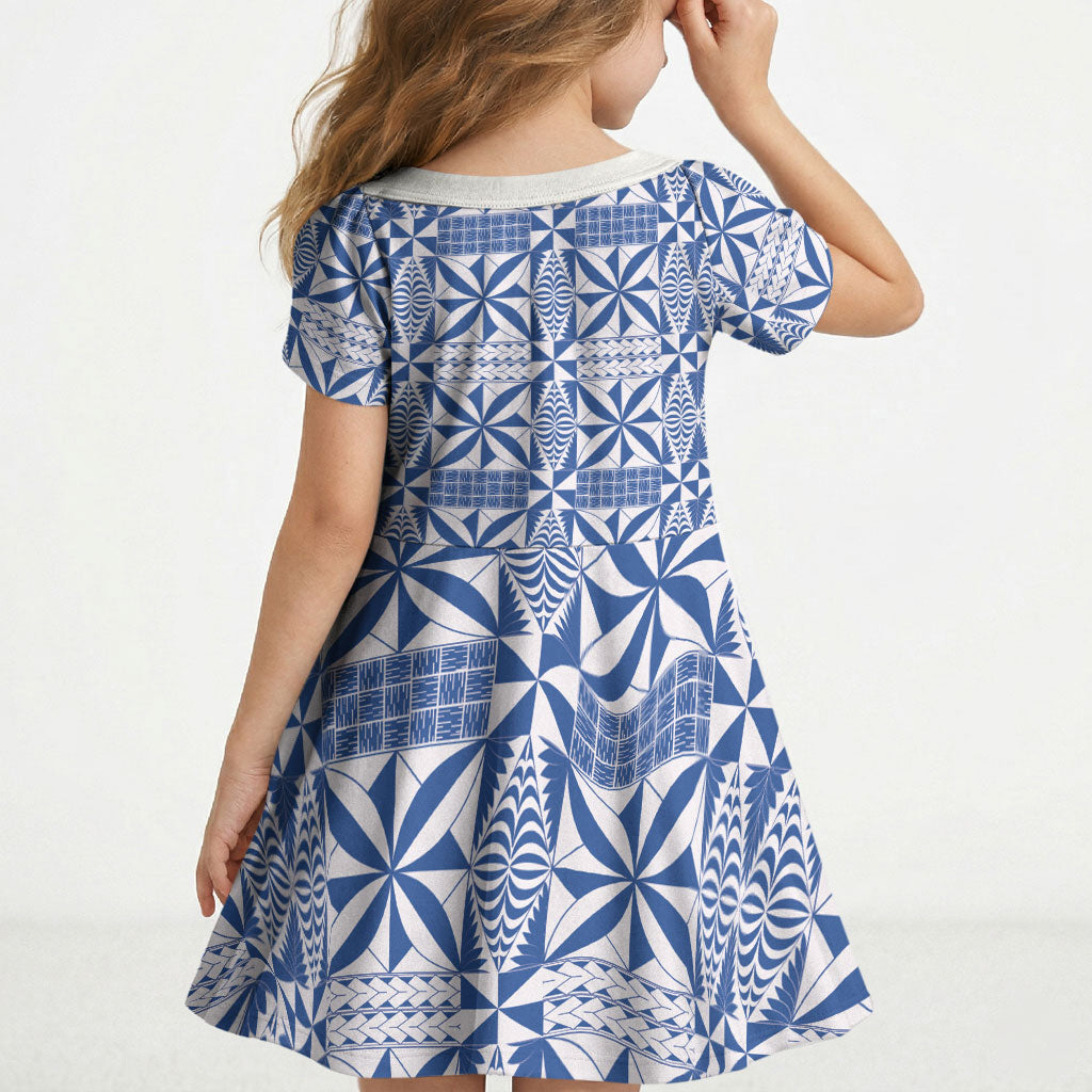 Blue Ngatu Pattern Malo e Lelei Tonga Kid Short Sleeve Dress LT14 - Polynesian Pride