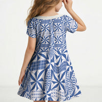 Blue Ngatu Pattern Malo e Lelei Tonga Kid Short Sleeve Dress LT14 - Polynesian Pride