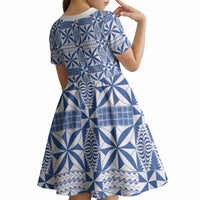 Blue Ngatu Pattern Malo e Lelei Tonga Kid Short Sleeve Dress LT14 - Polynesian Pride