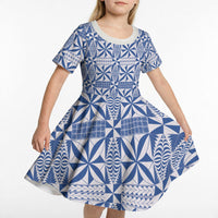 Blue Ngatu Pattern Malo e Lelei Tonga Kid Short Sleeve Dress LT14 - Polynesian Pride