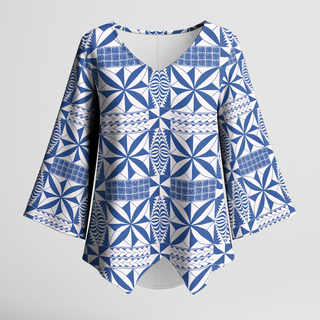 Blue Ngatu Pattern Malo e Lelei Tonga Kimono Sleeve Blouse LT14 Female Blue - Polynesian Pride