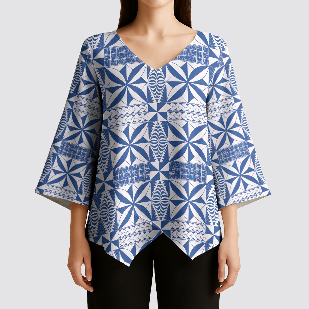 Blue Ngatu Pattern Malo e Lelei Tonga Kimono Sleeve Blouse LT14 - Polynesian Pride