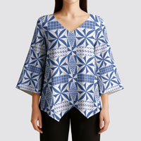 Blue Ngatu Pattern Malo e Lelei Tonga Kimono Sleeve Blouse LT14 - Polynesian Pride
