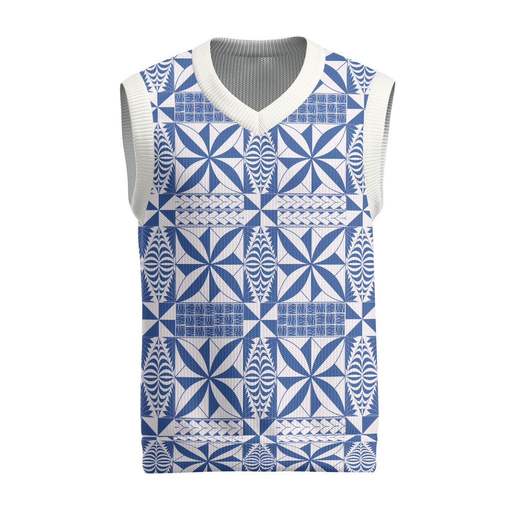 Blue Ngatu Pattern Malo e Lelei Tonga Christmas Knitted V-Neck Vest LT14 Blue - Polynesian Pride