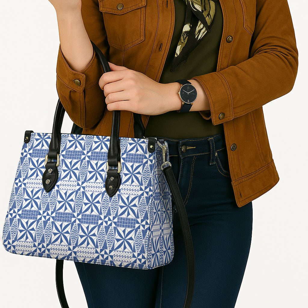 Blue Ngatu Pattern Malo e Lelei Tonga Leather Bag LT14 - Polynesian Pride