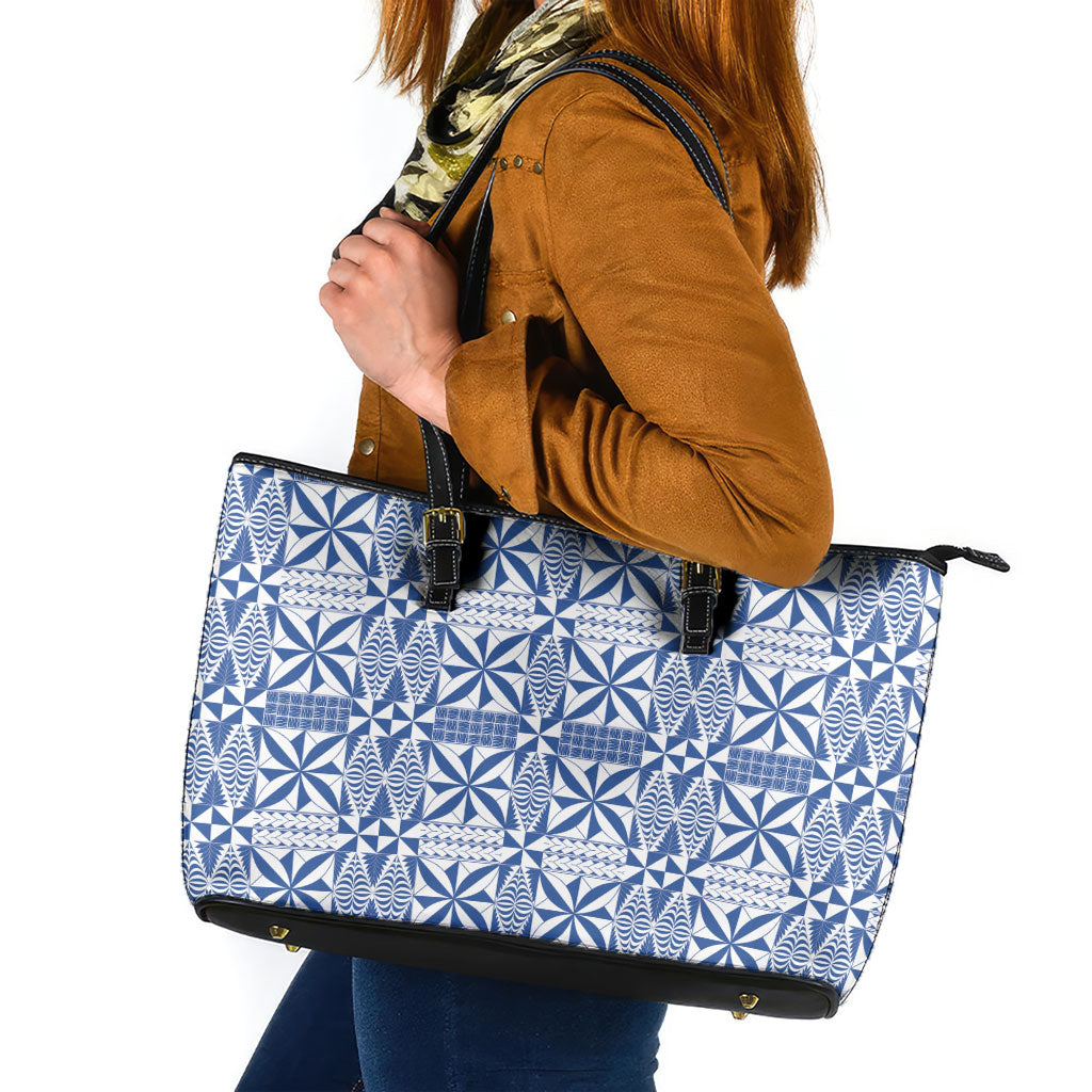 Blue Ngatu Pattern Malo e Lelei Tonga Leather Tote Bag LT14 Blue - Polynesian Pride