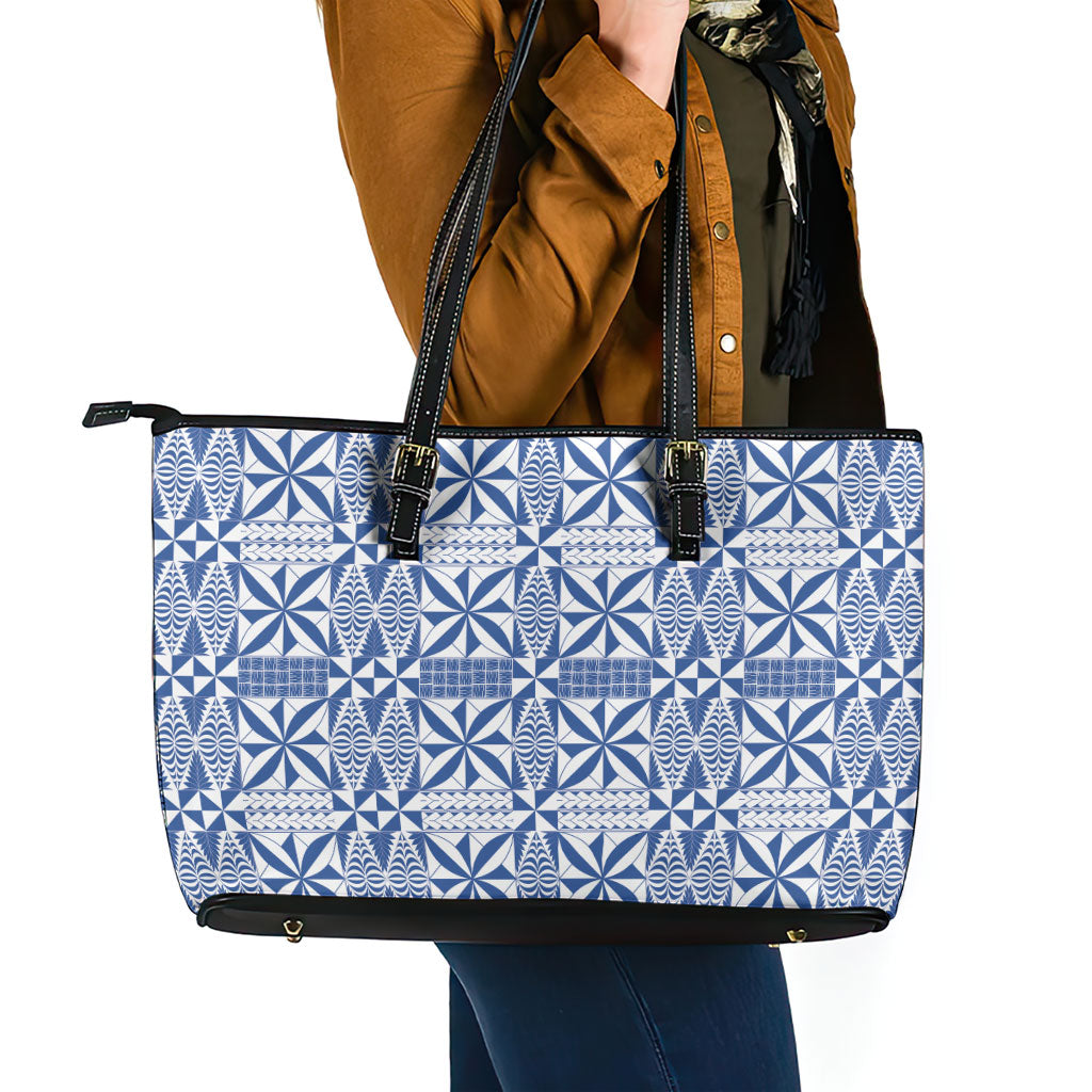 Blue Ngatu Pattern Malo e Lelei Tonga Leather Tote Bag LT14 - Polynesian Pride