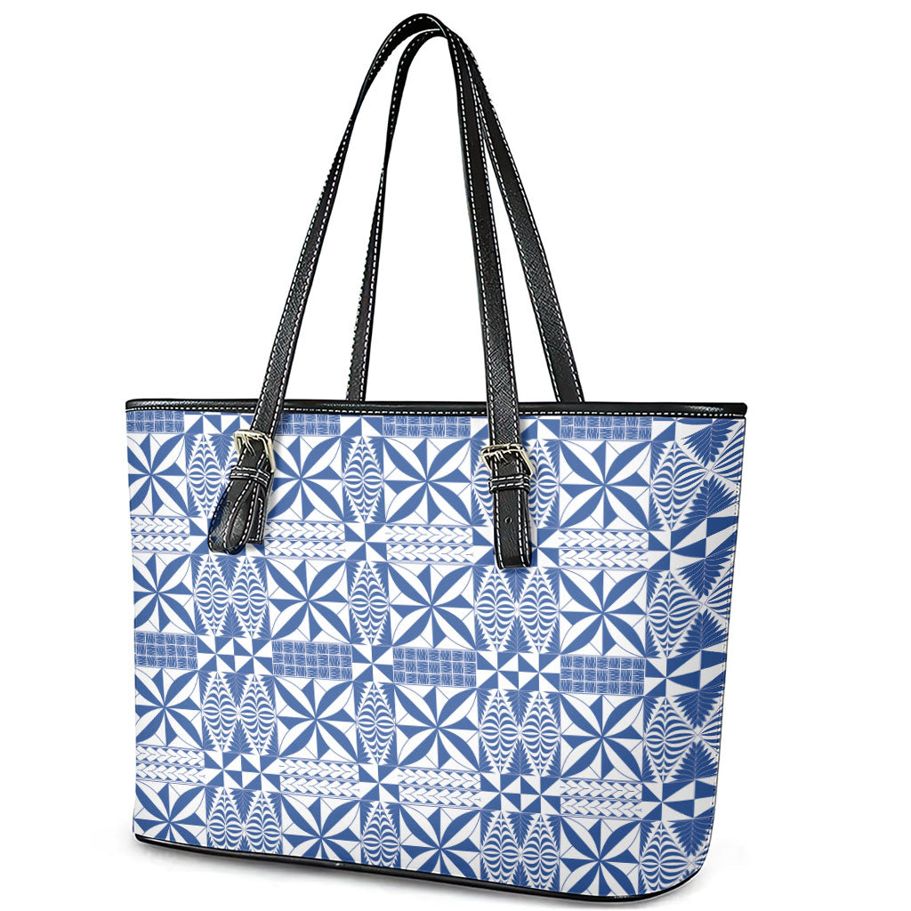 Blue Ngatu Pattern Malo e Lelei Tonga Leather Tote Bag LT14 - Polynesian Pride