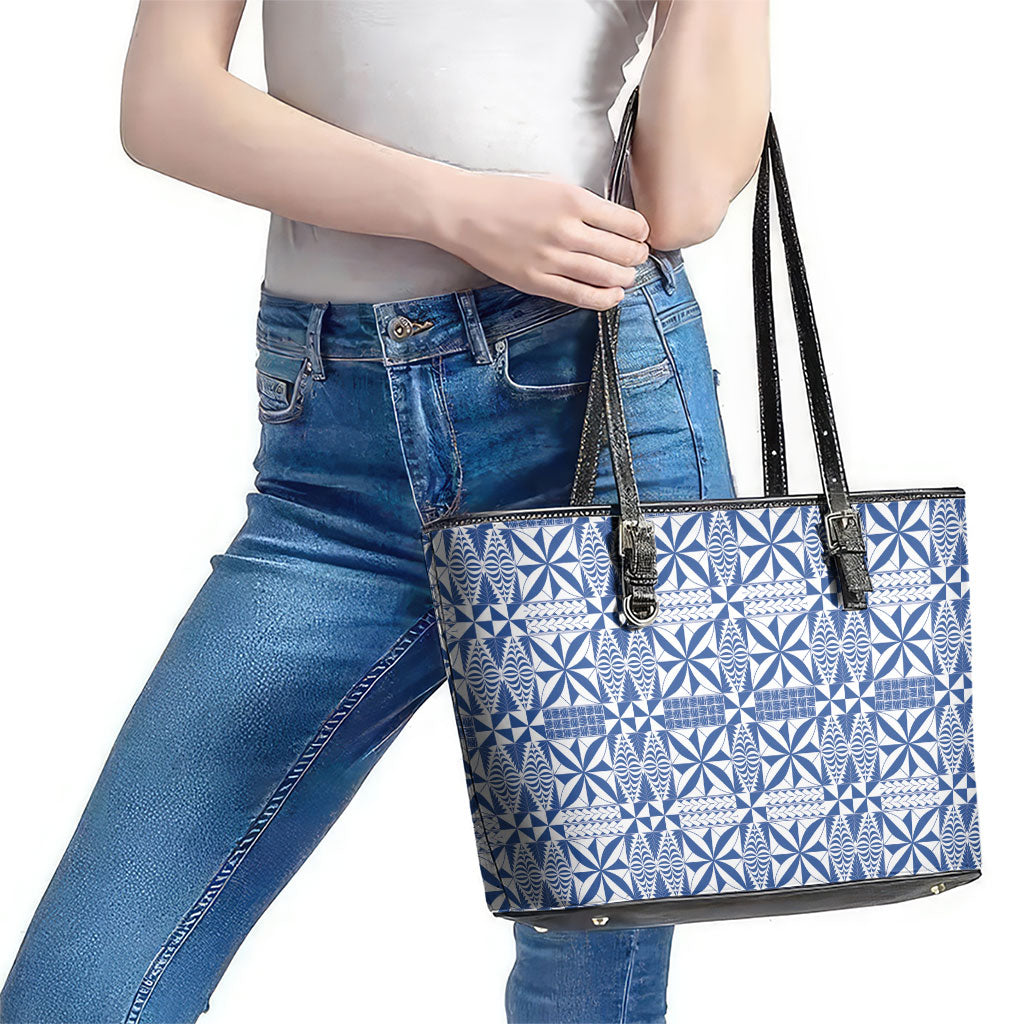 Blue Ngatu Pattern Malo e Lelei Tonga Leather Tote Bag LT14 - Polynesian Pride