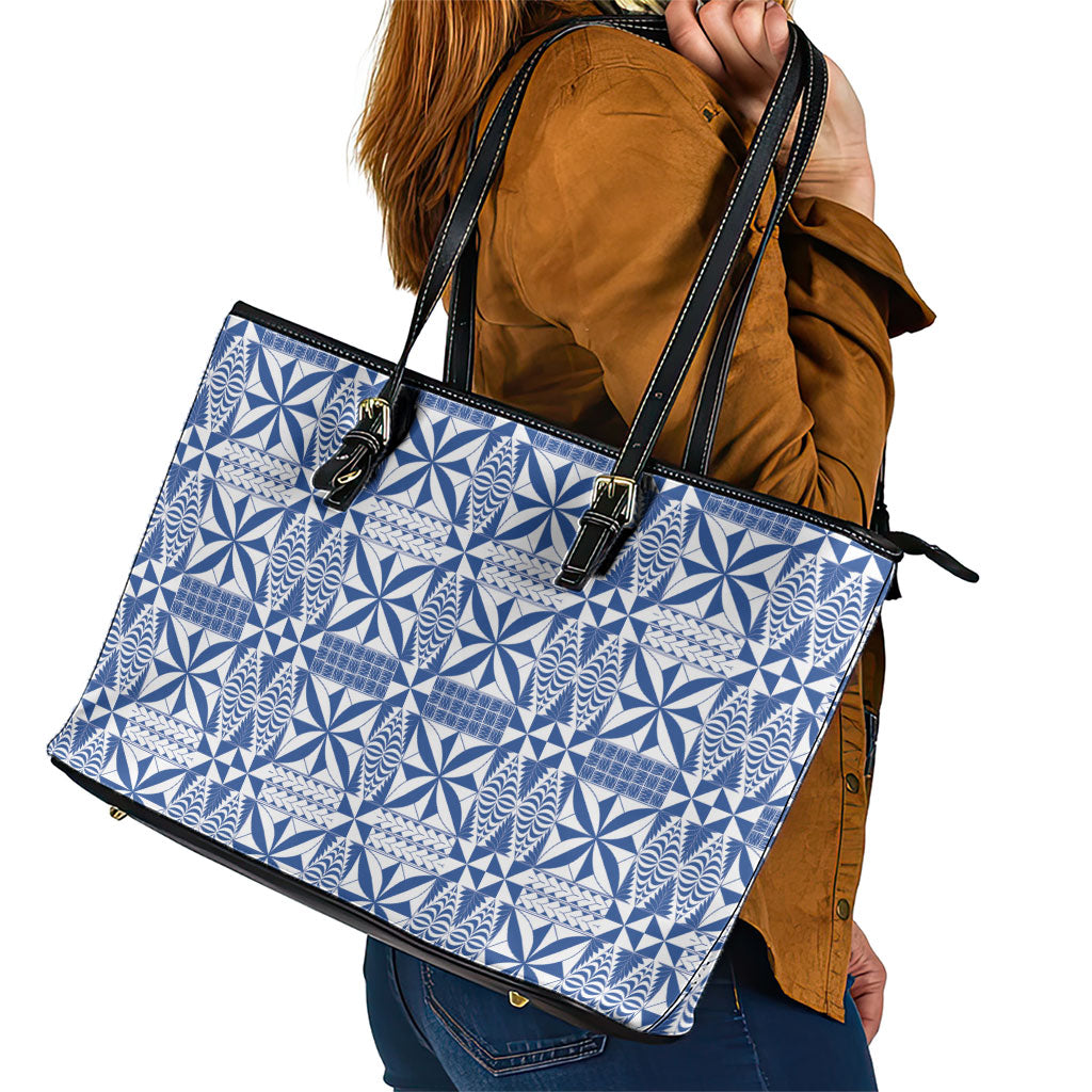 Blue Ngatu Pattern Malo e Lelei Tonga Leather Tote Bag LT14 - Polynesian Pride