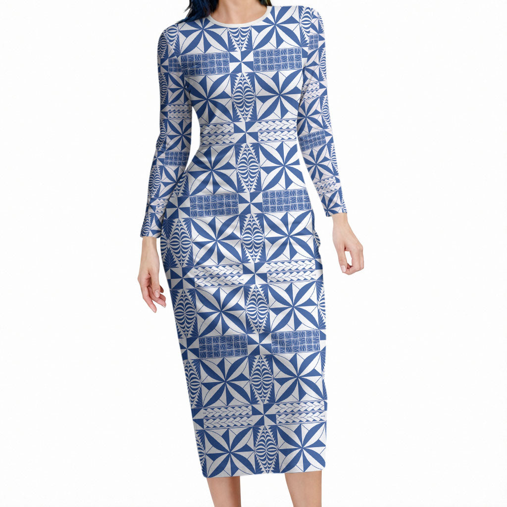 Blue Ngatu Pattern Malo e Lelei Tonga Long Sleeve Bodycon Dress LT14 Long Dress Blue - Polynesian Pride