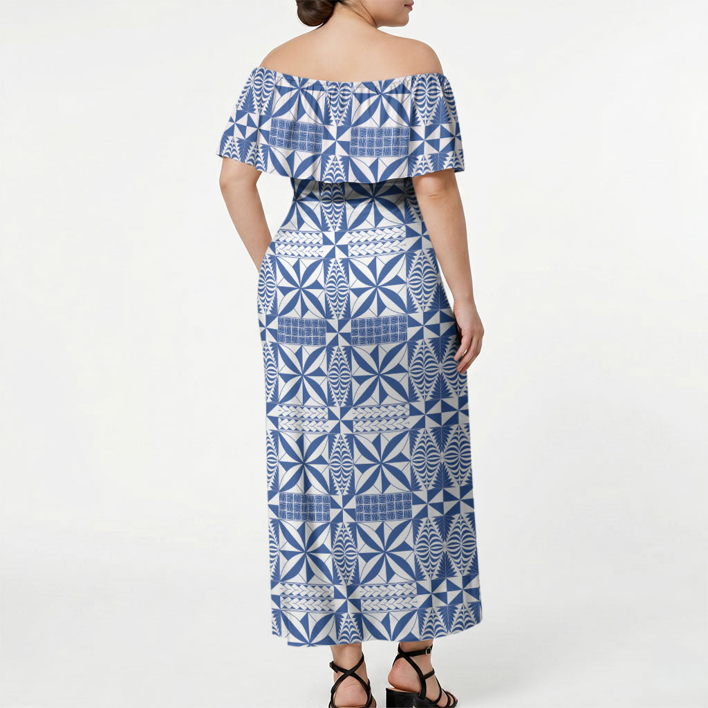 Blue Ngatu Pattern Malo e Lelei Tonga Off Shoulder Maxi Dress LT14 - Polynesian Pride