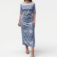 Blue Ngatu Pattern Malo e Lelei Tonga Puletasi LT14 Long Dress Blue - Polynesian Pride
