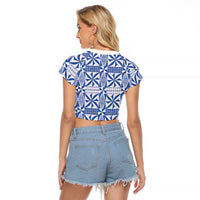 Blue Ngatu Pattern Malo e Lelei Tonga Raglan Cropped T Shirt LT14 - Polynesian Pride