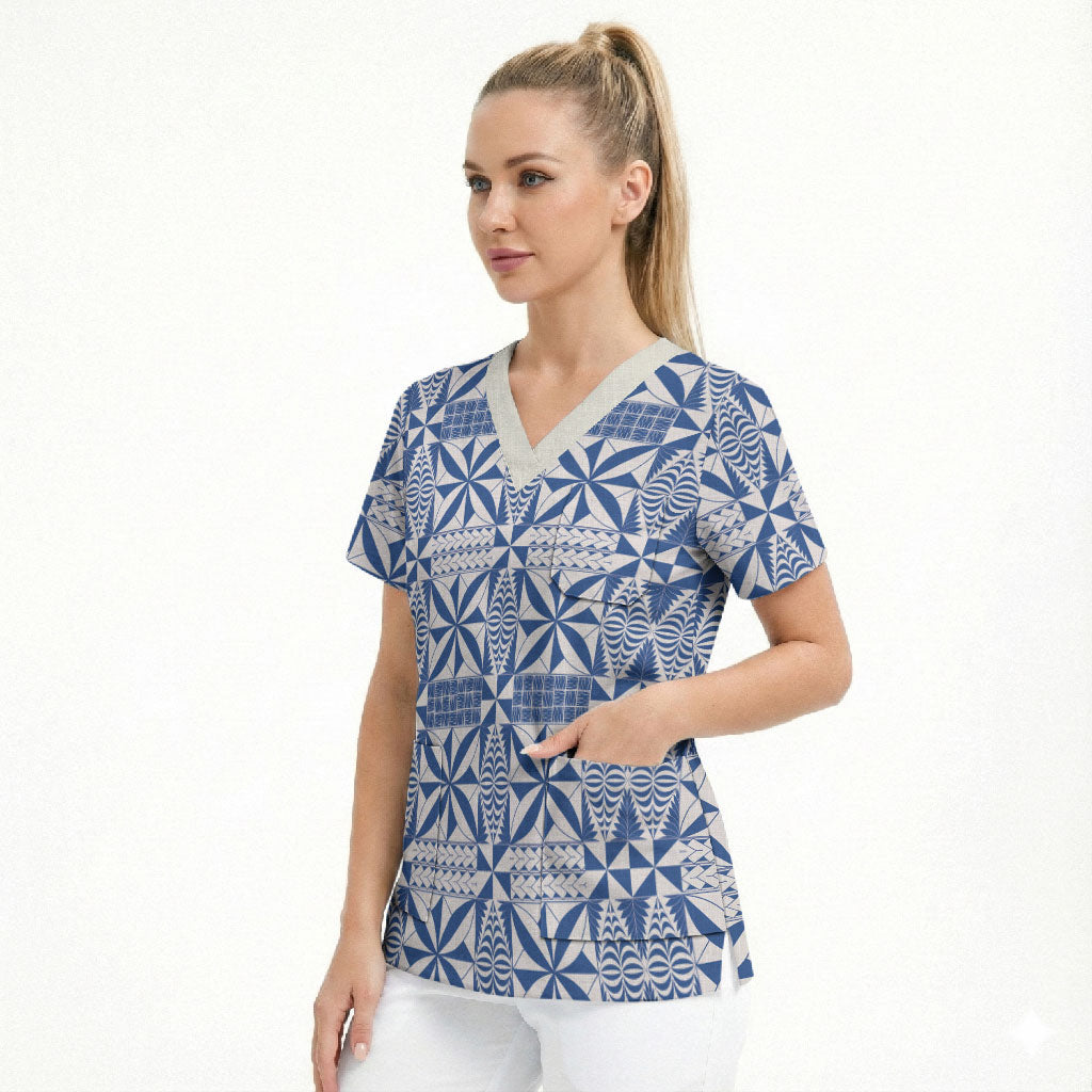 Blue Ngatu Pattern Malo e Lelei Tonga Scrub Top LT14 - Polynesian Pride