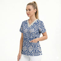 Blue Ngatu Pattern Malo e Lelei Tonga Scrub Top LT14 - Polynesian Pride