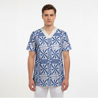 Blue Ngatu Pattern Malo e Lelei Tonga Scrub Top LT14 - Polynesian Pride