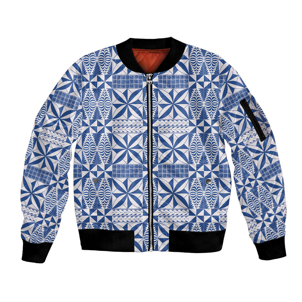 Blue Ngatu Pattern Malo e Lelei Tonga Sleeve Zip Bomber Jacket LT14 Unisex Blue - Polynesian Pride