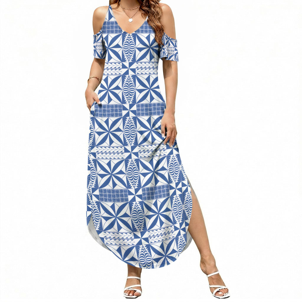 Blue Ngatu Pattern Malo e Lelei Tonga Summer Maxi Dress LT14 Women Blue - Polynesian Pride