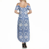 Blue Ngatu Pattern Malo e Lelei Tonga Summer Maxi Dress LT14 - Polynesian Pride