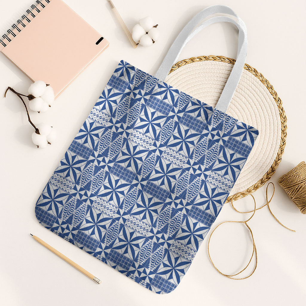 Blue Ngatu Pattern Malo e Lelei Tonga Tote Bag LT14 White Strap One Size Blue - Polynesian Pride