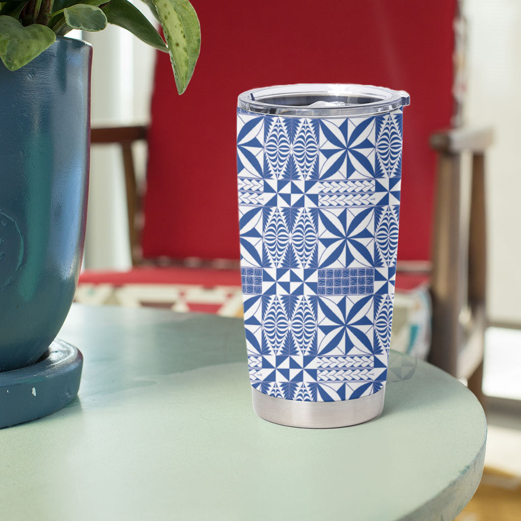 Blue Ngatu Pattern Malo e Lelei Tonga Tumbler Cup LT14 - Polynesian Pride