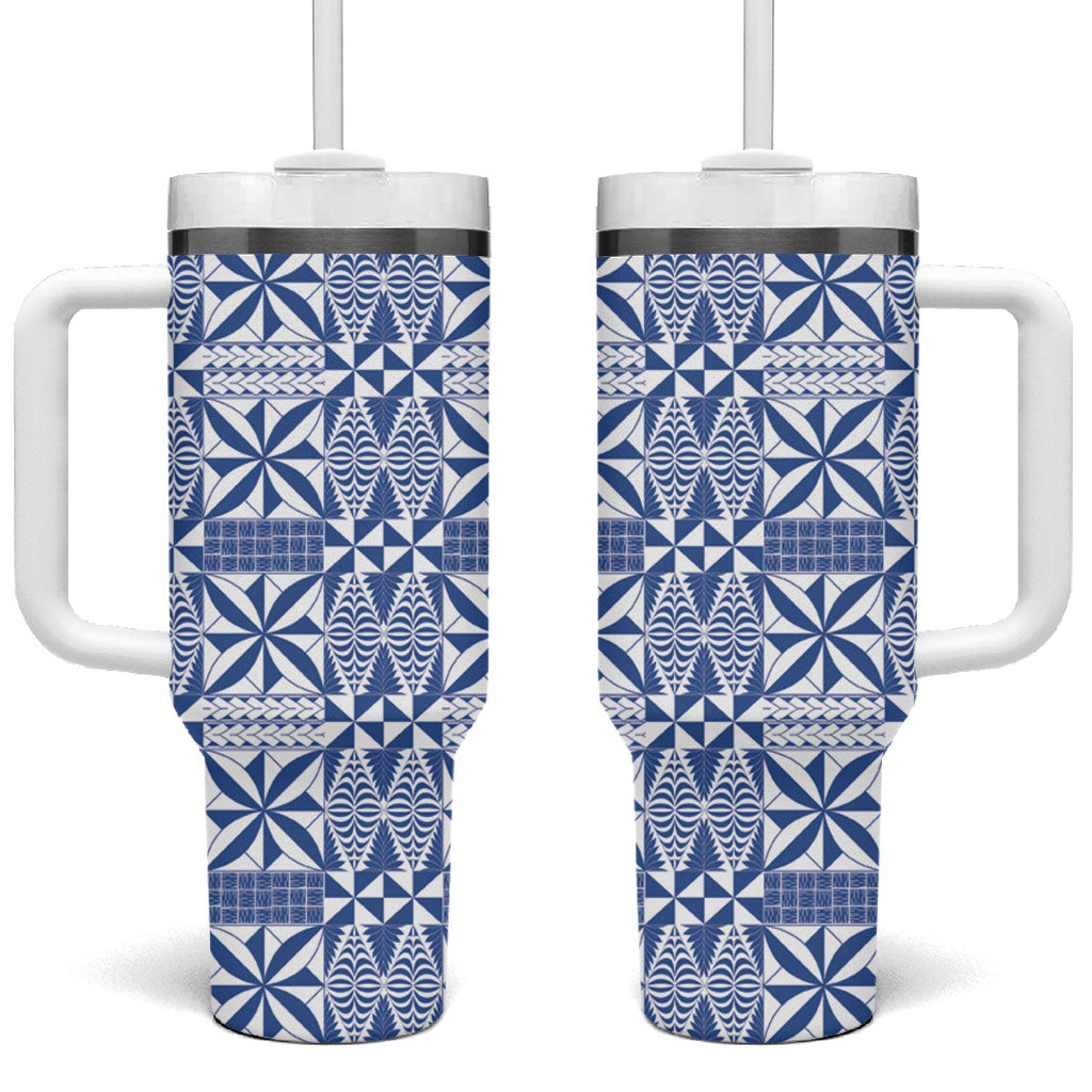 Blue Ngatu Pattern Malo e Lelei Tonga Tumbler With Handle LT14 One Size: 40 oz Blue - Polynesian Pride