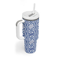 Blue Ngatu Pattern Malo e Lelei Tonga Tumbler With Handle LT14 - Polynesian Pride