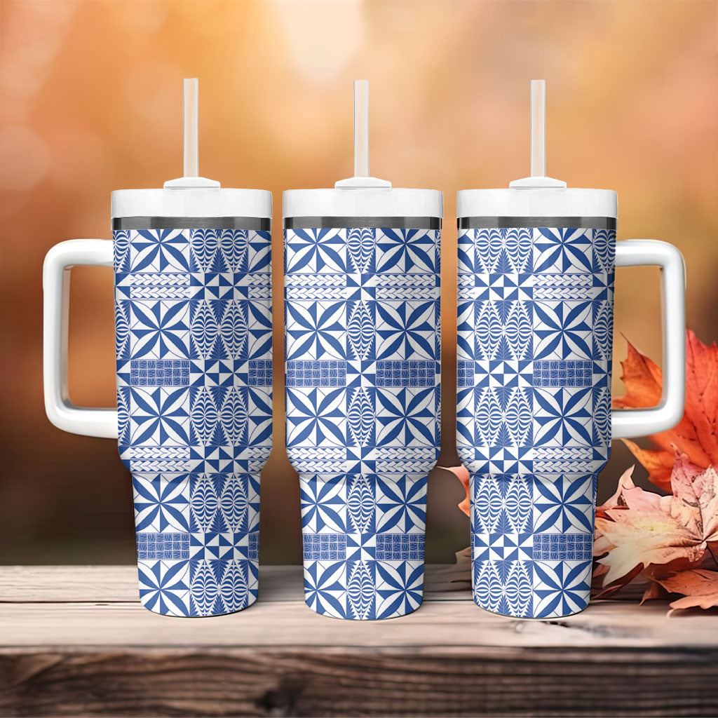 Blue Ngatu Pattern Malo e Lelei Tonga Tumbler With Handle LT14 - Polynesian Pride