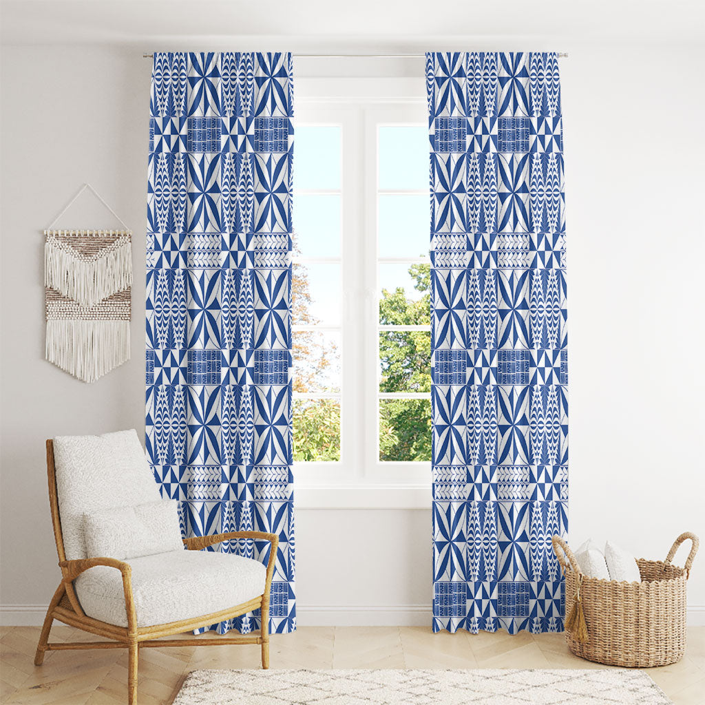 Blue Ngatu Pattern Malo e Lelei Tonga Window Curtain LT14 - Polynesian Pride