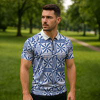 Blue Ngatu Pattern Malo e Lelei Tonga Zipper Polo Shirt