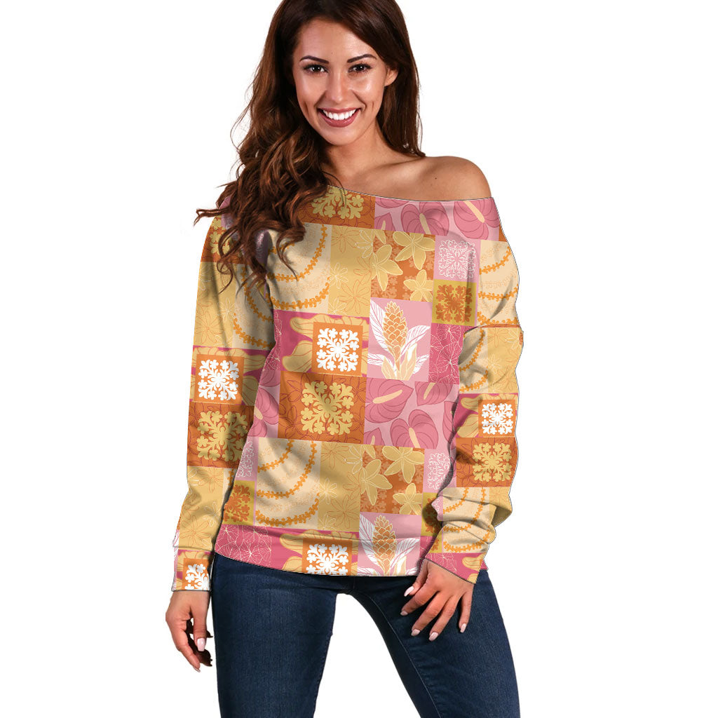 Aloha Hawaii Quilt Floral Patchwork Style Off Shoulder Sweater LT14 Women Multicolor - Polynesian Pride
